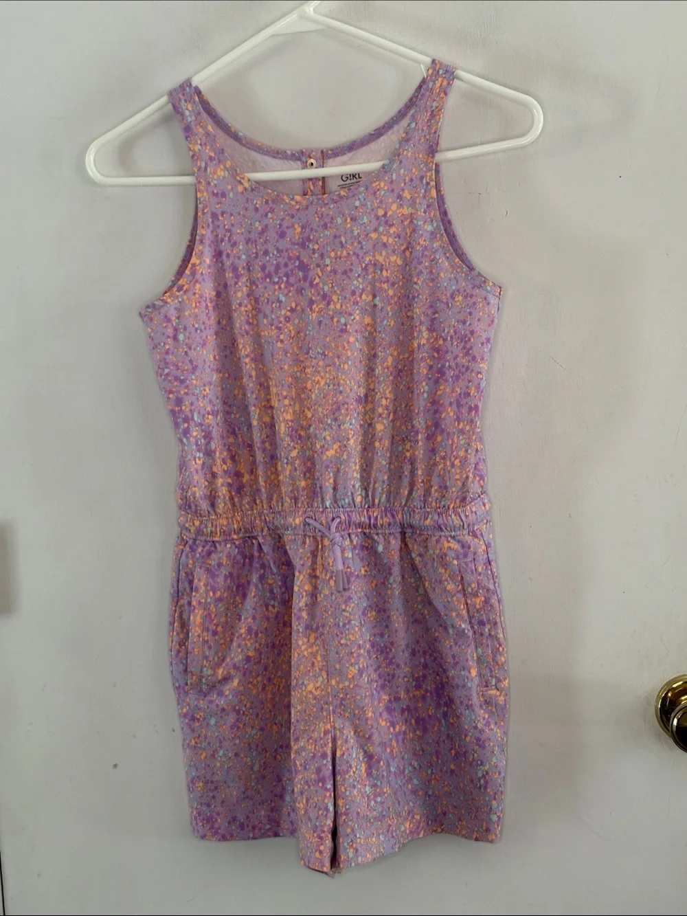 Athleta Girl lavender sleeveless orange aqua purple speckled romper Size Large